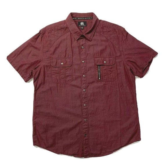 Rock & Republic Button Up Shirt Short Sleeve Cotton Flap Pockets Maroon XL NWOT - Picture 1 of 12